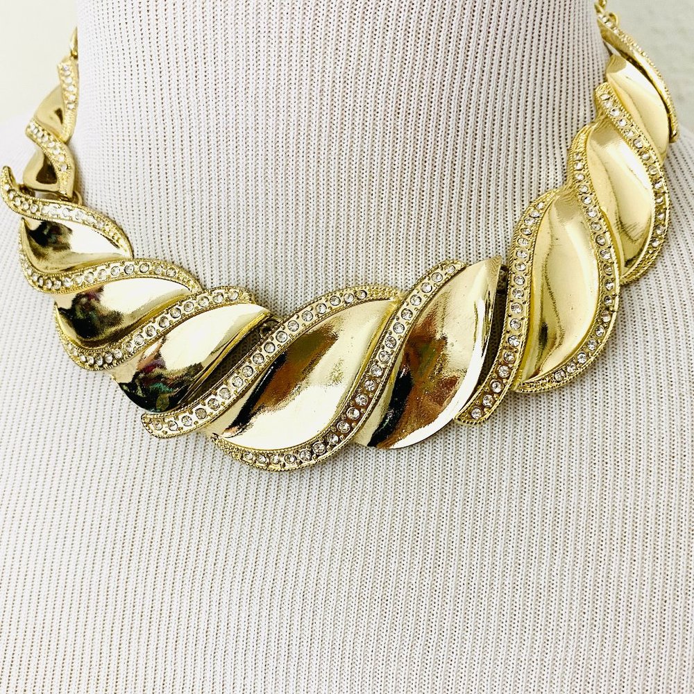 Vintage 1980s Gold and Rhinestone Wave Necklace